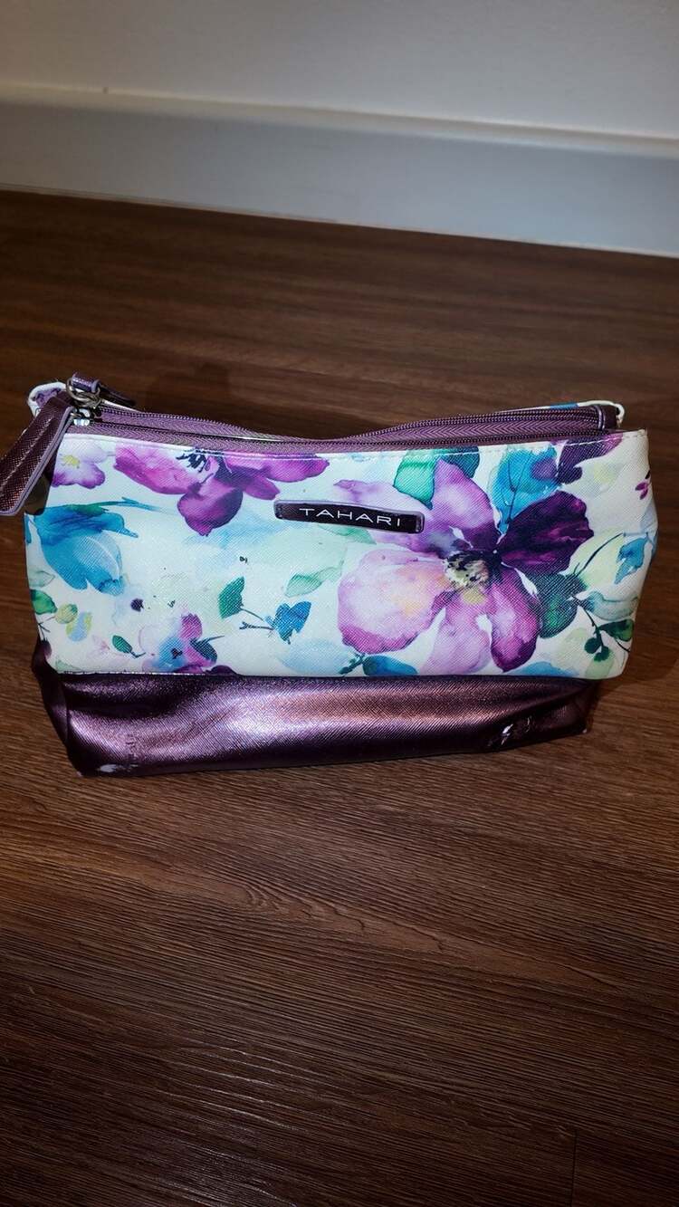 Tahari Floral & Metallic Purple Tri-Fold Travel Makeup Bag / Cosmetic Organizer